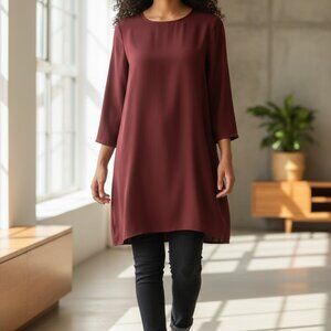 (C-197)Mango Women Burgundy Shift Dress XS Long Sleeve‎ Minimalist Tunic